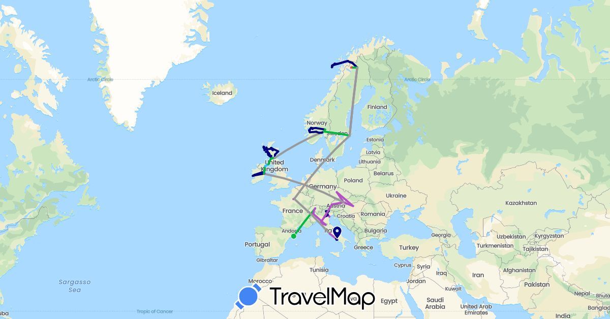 TravelMap itinerary: driving, bus, plane, train, hiking, boat in Austria, Switzerland, Czech Republic, Spain, France, United Kingdom, Hungary, Ireland, Italy, Norway, Sweden (Europe)